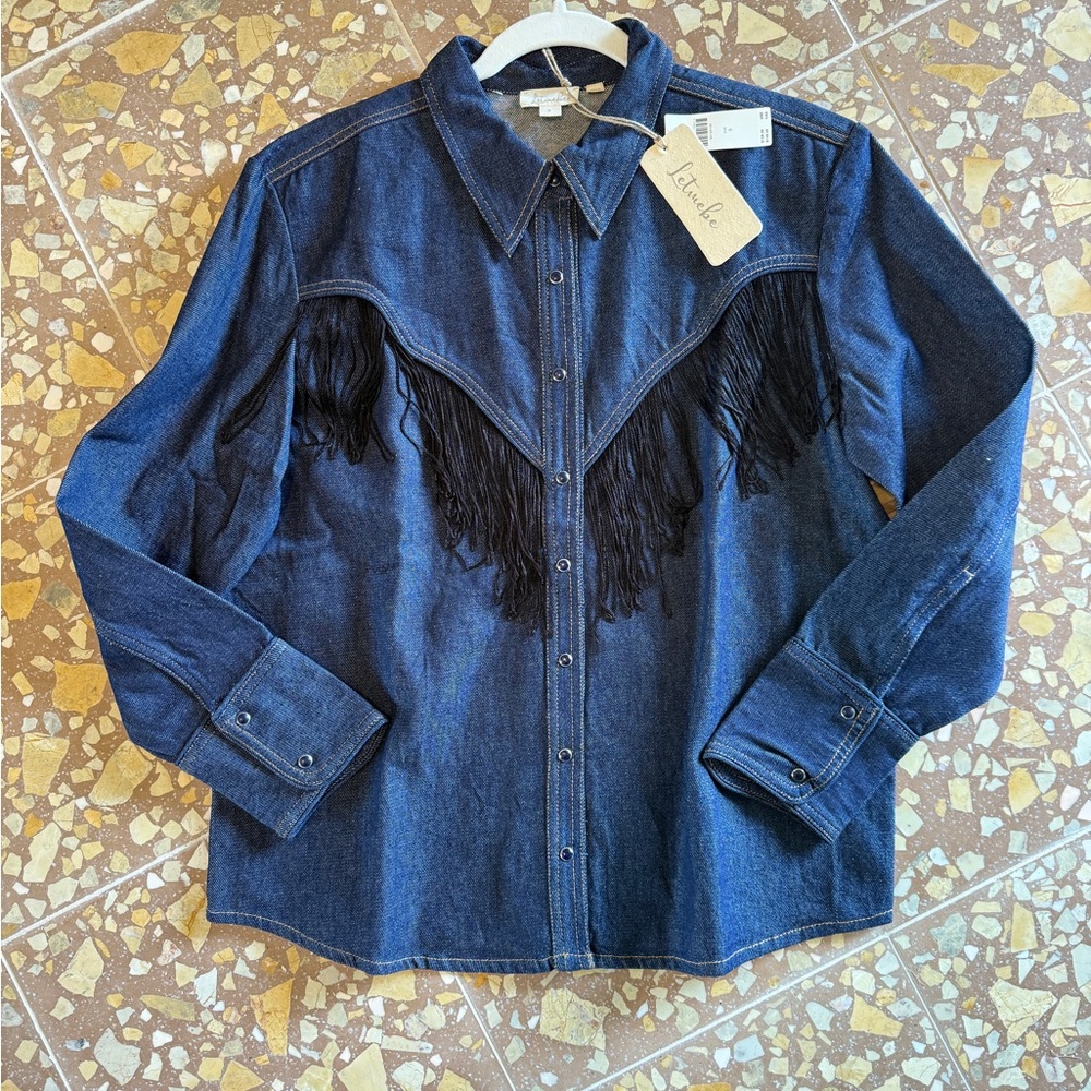Dark Blue Denim Fringe Shirt